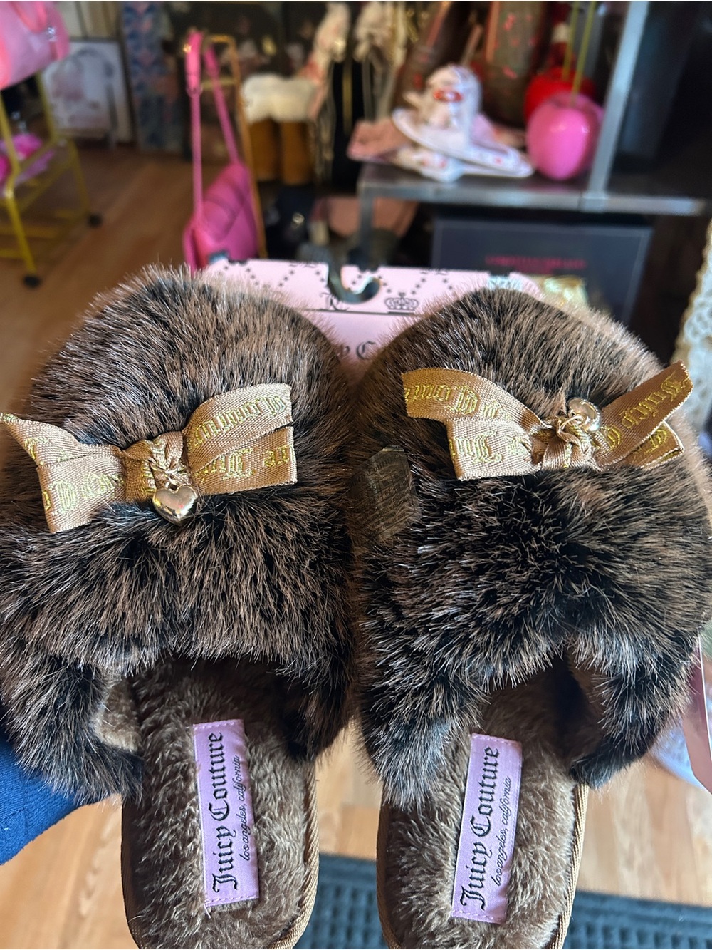 Juicy Couture Brown Faux Fur Logo Bow Slide Slippers